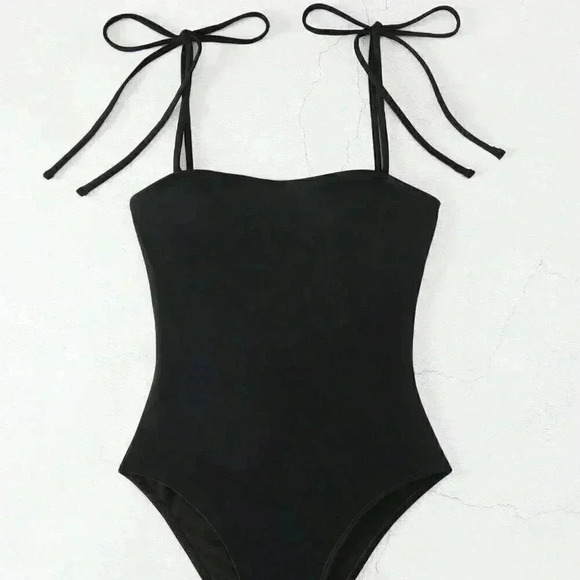 Black Vacation Style Women's Swim Summer Beach Solid Color One-Piece Swimsuit - Picture 2 of 5